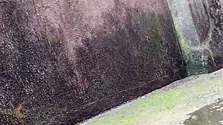 Chubby ebony guy pees wildly outdoors in steamy compilation