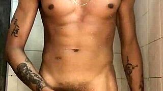 novinho's thick cock handjob in shower feels so damn good interracial homemade