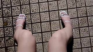 ting xuan jerks off barefoot in heels and shoots hot cum all over her feet outdoors