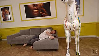 crazy 18yo bitch in horse mask joins threesome for sloppy creampie facefuck