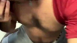three cocks cram one bathroom stall for blowjobs and hand grabs