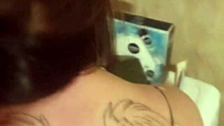 Tattooed brunette wife bent over ass fucked on washing machine