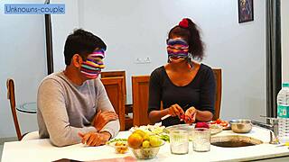 Lonely Indian housewife seduces househelp for rough kitchen pussy pounding and blowjob