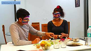 Lonely Indian housewife seduces househelp for rough kitchen pussy pounding and blowjob