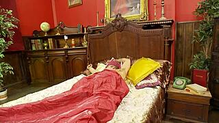 farrah fox in fishnets heels lingerie fingers gaping shaved pussy on guest morning wood bed