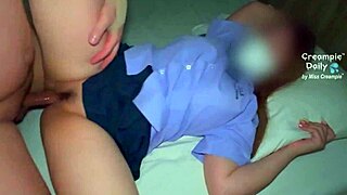 Sweet schoolgirl skirt up juicy pussy creampied by old man