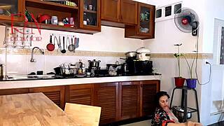 housewife strips pantyhose in kitchen for naked maid orgasm