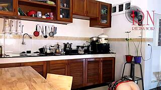 housewife strips pantyhose in kitchen for naked maid orgasm