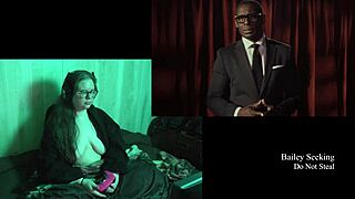 Naked brunette BBW with big natural tits poses long hair flowing