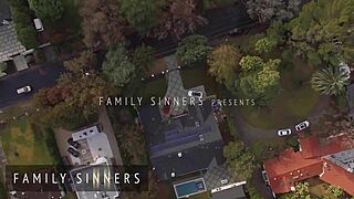 Hot babe strips then rides stepcousin's cock in family sinners scene