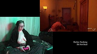 Naked brunette BBW with big natural tits poses long hair flowing