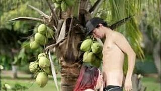 delicious 18+ latina slurps huge cock outdoors like a slut!