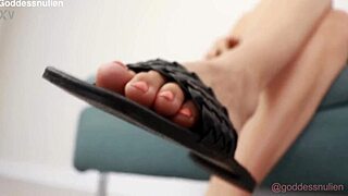 sexy mistress in bikini demands sweaty foot worship slipper trample