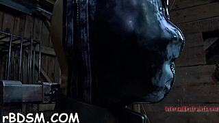 shaved beauty locked in cage with cum-hungry pussy out