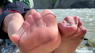 Goddess Teases Cute Nylon Soles Toes Riverside!