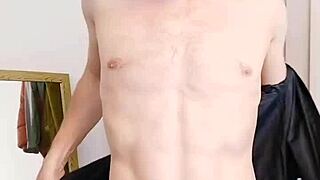 English bodybuilder strips out of shirt and jeans for kinky cfnm spanking session