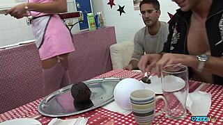 waitress sneaks group bang with coworker and horny customers licking her wet