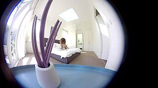 A bound hairy beauty teases her natural tits before intense solo climax builds.