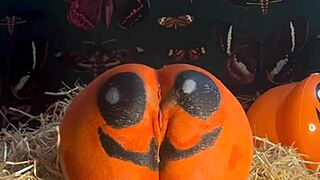 Teen whore bent over for double creampie in pumpkin patch