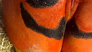 Teen whore bent over for double creampie in pumpkin patch