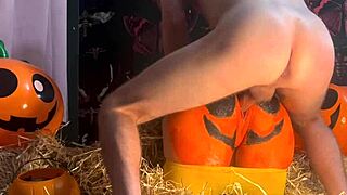 Teen whore bent over for double creampie in pumpkin patch