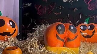 Teen whore bent over for double creampie in pumpkin patch