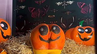 Teen whore bent over for double creampie in pumpkin patch