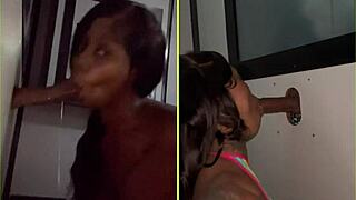 gloryhole fun sucking strangers cocks with friends sloppy style.