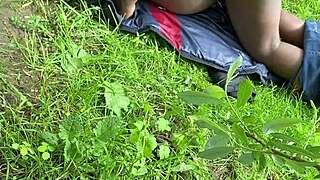 Titties bounce wildly missionary style deep in forest with ebony