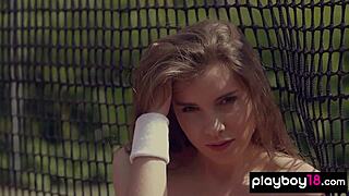 ukrainian kate chromia strips naked tits outdoors tennis court