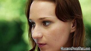 Brunette Teen Sucks Grandfather's Old Cock Outdoors Cum Swallow