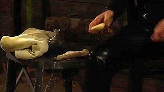 curvy lesbian slave's big natural tits oiled for domination