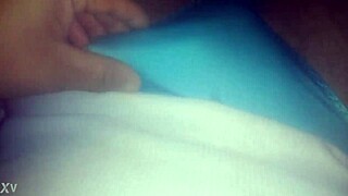 she rubs her wet pussy with blue satin panties moaning softly
