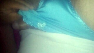 she rubs her wet pussy with blue satin panties moaning softly