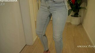 Desperately squirting wet pussy while wetting jeans in busy bathroom