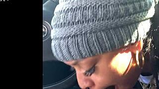 Ebony Snowboarder Chokes on Big Black Cock in Street Blowjob Action