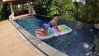 skinny blonde amateur in lingerie gives poolside oral then rides big cock cowgirl outdoors 🔥👙🏊‍♀️