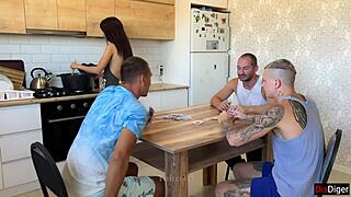 cuckold hubby loses wife in card game, friends gangbang her hard in kitchen