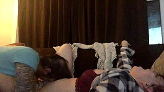 fun couple plays on sofa with fingering and licking