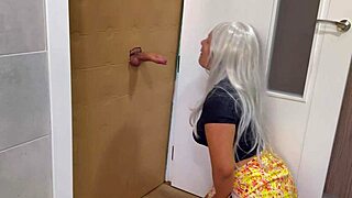 milf slurps cock thru glory hole deepthroat crazy