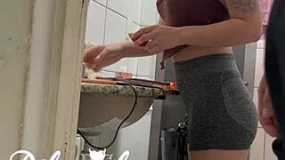 punched coworker friend hard in bathroom then licked her wet pussy