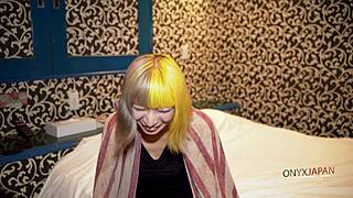 blonde japanese babe rides first bbc creampie!