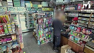 clerk bangs promiscuous mart model at work outdoor cowgirl doggy!