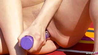 sunbathing milf lures bikini teen into first lesbo pussy licking