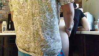 Pov captures wife bent over for quick doggystyle in her dripping wet pussy.