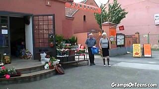 Petite teen bends over for old grandfather's doggystyle fuck in forest