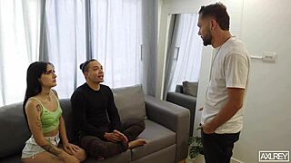 Wife Offers Petite Body for Rent Payment While Cuckold Husband Watches Monster Cock Stretch Her Tight Pussy