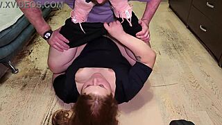 Redhead milf in sneakers leggings takes doggy cum facial and chest shots!