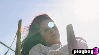 Gorgeous milf alexandra belle strips perfect body outdoors posing?