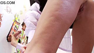 Passion Cums Hard Taking Monster Cocks Through Gloryhole In Fishnets!